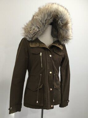 TOPSHOP Olive Green Zip & Flap Pockets Detachable Faux Fur Hoodie Coat Jacket